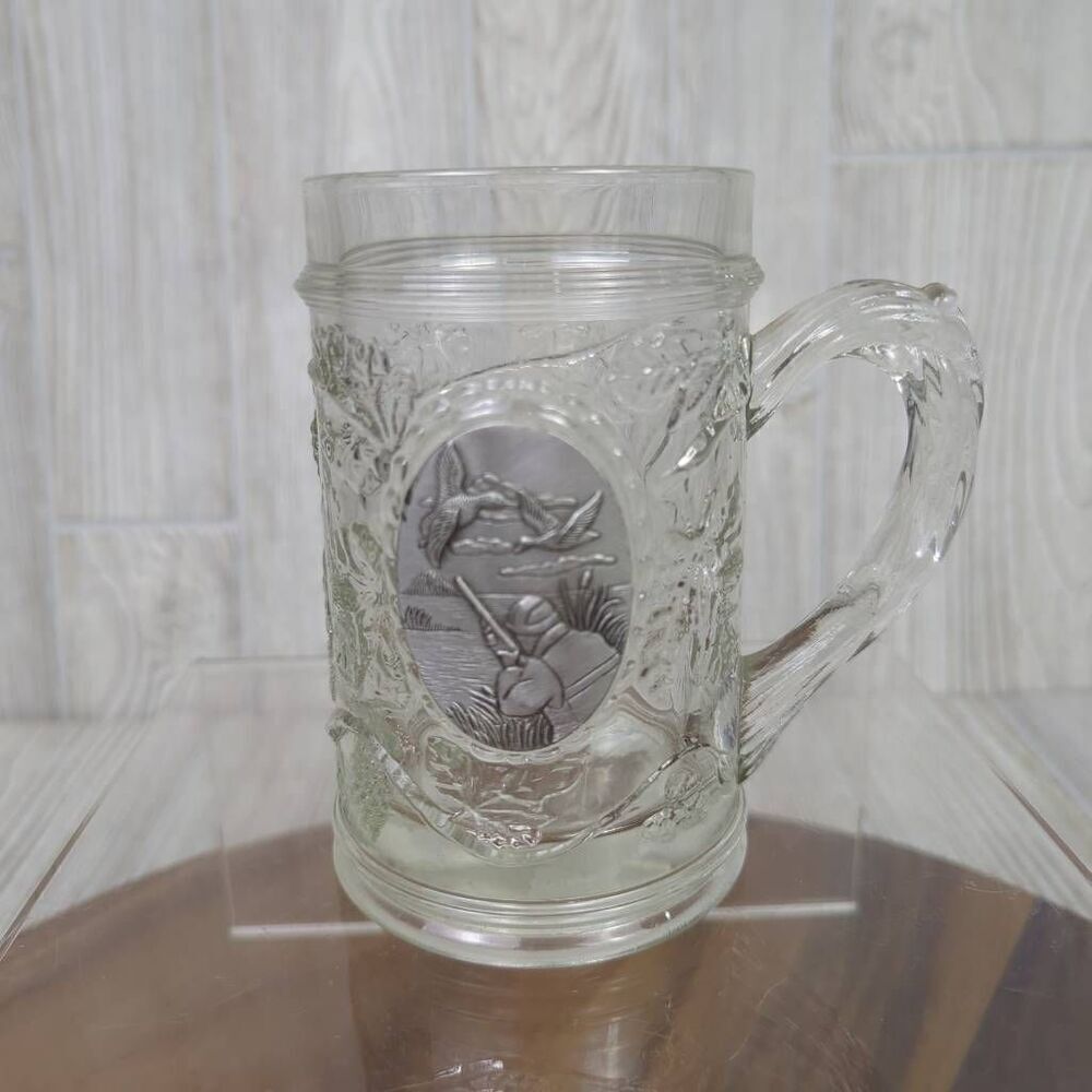 Glass Beer Mug Stein Mens Pewter Duck Hunter Etched Center Emblem 5" Tall